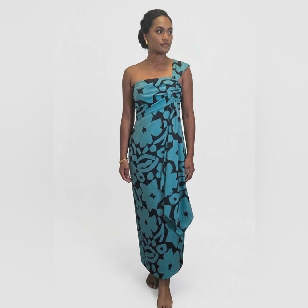 Victor Costa Teal and Black Floral Swim Sarong